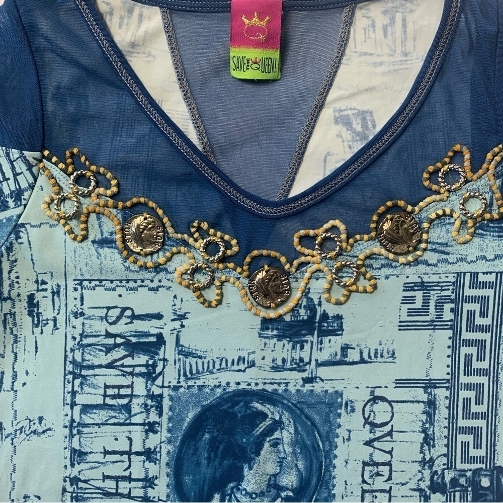 Save the Queen Vintage Graphic Top Sheer Panels Embellished 3/4 Sleeves Blues MS - Picture 9 of 16